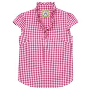 Elizabeth McKay Short Sleeve Pink Gingham Blouse, Size 4, Ruffle Neck, Cotton